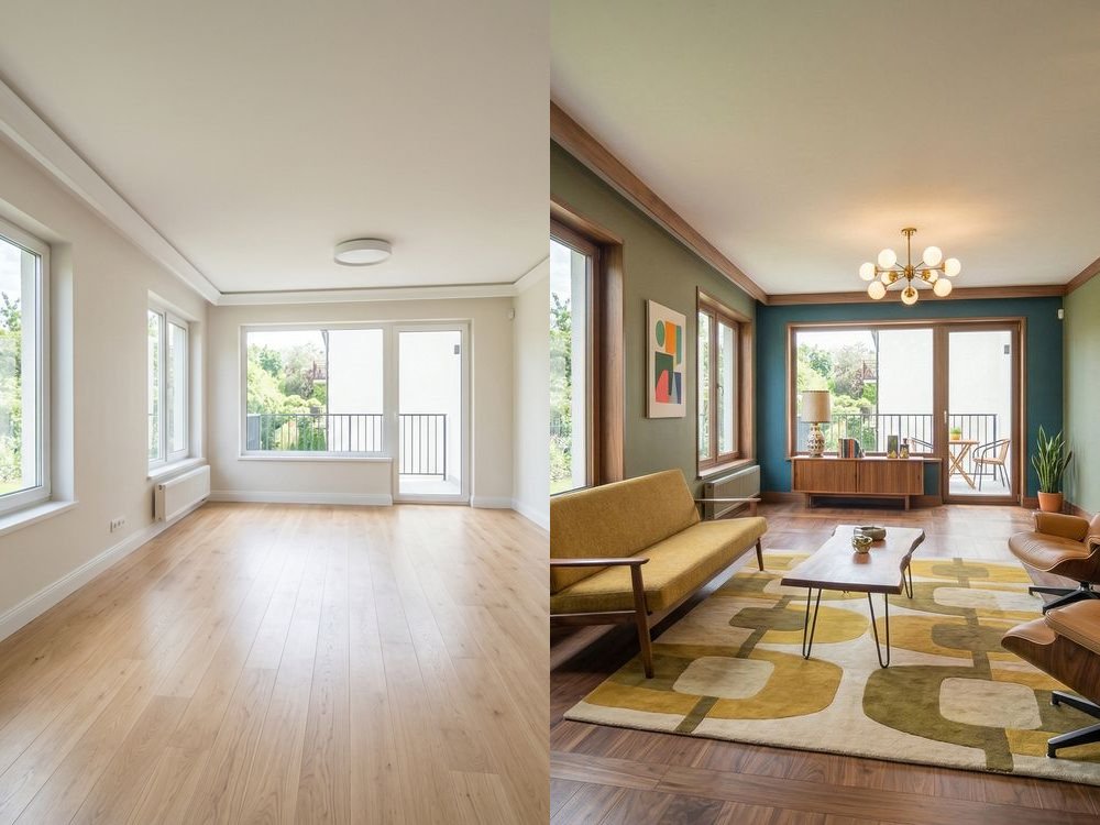Living Room Virtual Staging — Mid-century Modern | Before & After